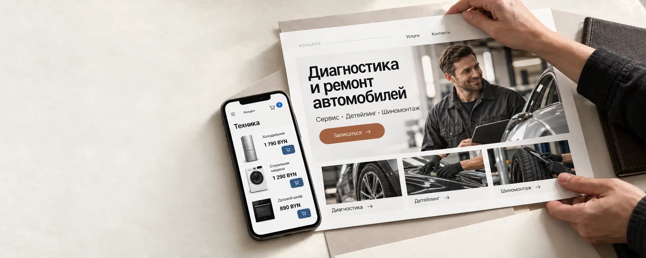 Руки держат бумажный макет сайта автосервиса. Рядом на рабочем столе — телефон с магазином бытовой техники.
